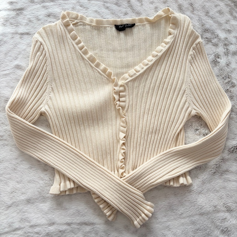 Hazel Boutique Cream Ribbed Ruffle Cardigan